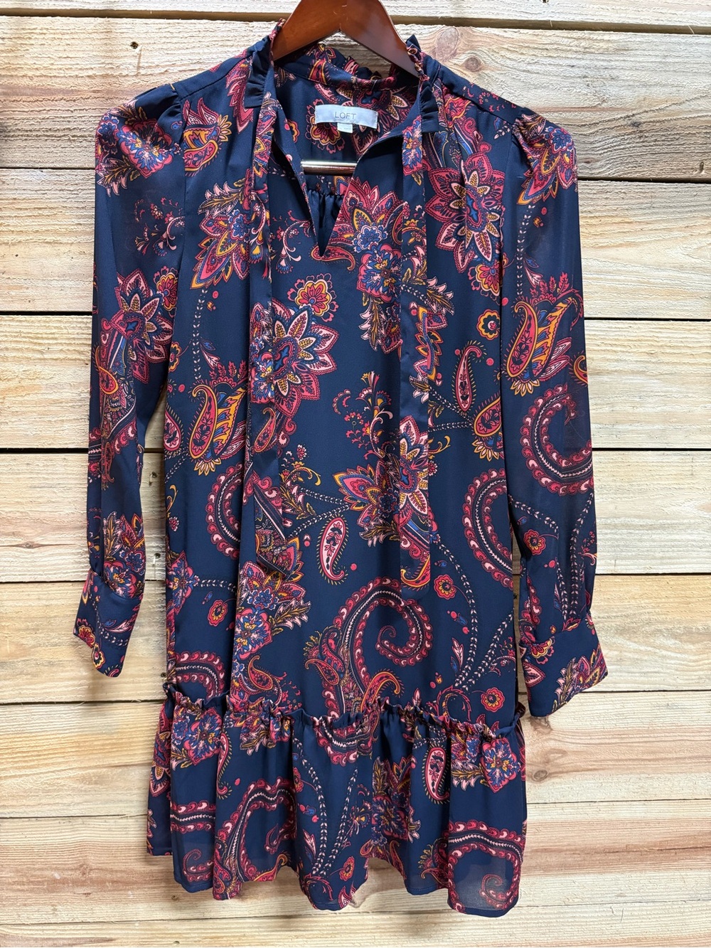 LOFT Navy Paisley Botanical Shift Mini Dress M Long Sleeve
